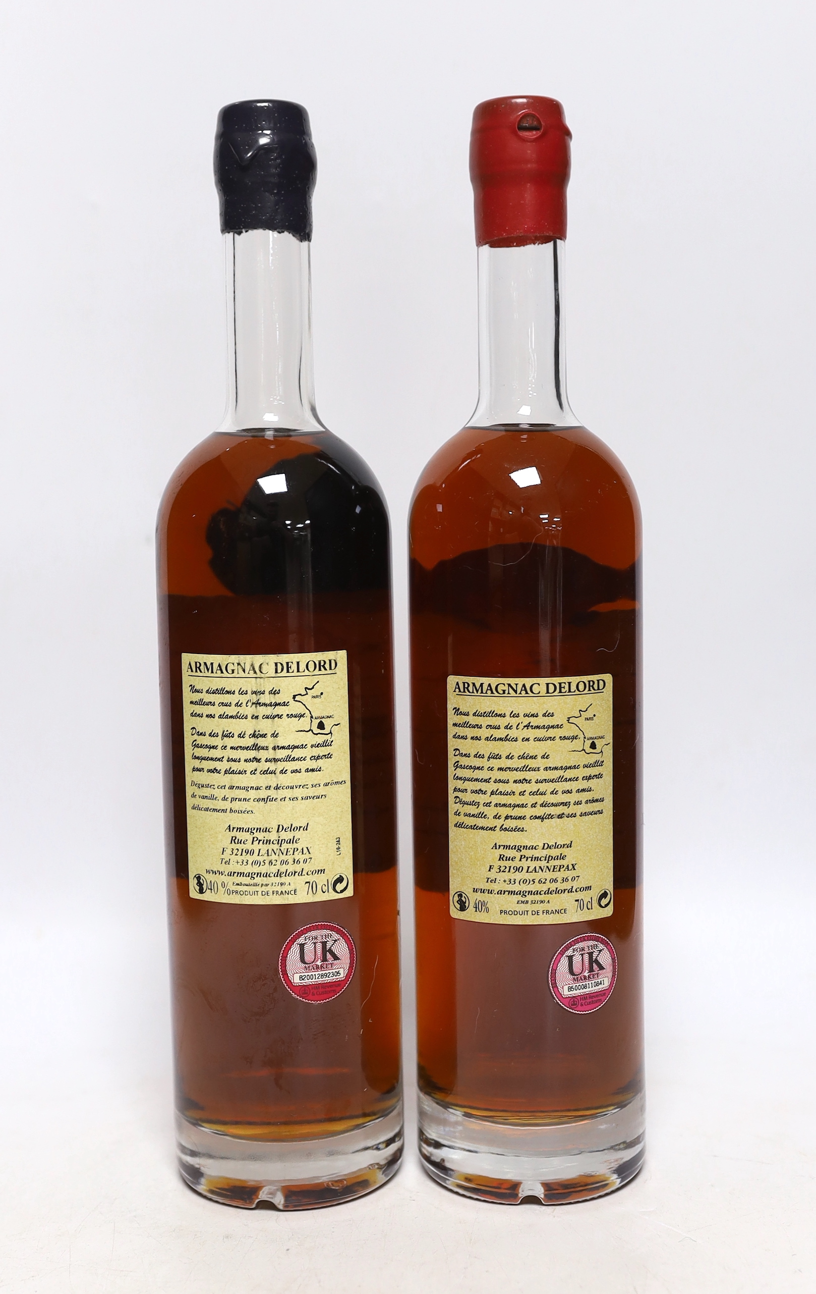 Two bottles of Bas-Armagnac Delord, one VSOP, one 15 year old